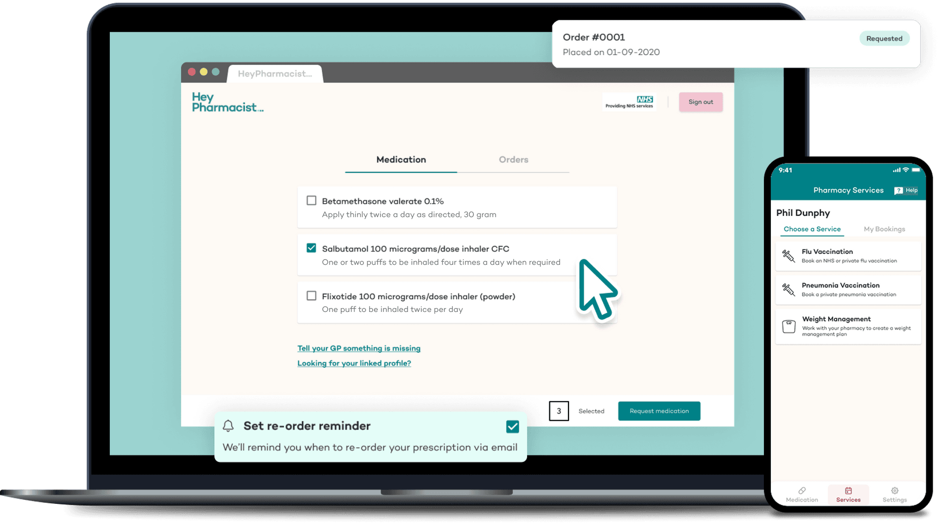 pharmacy services and repeat prescription on the Hey Pharmacist app and web