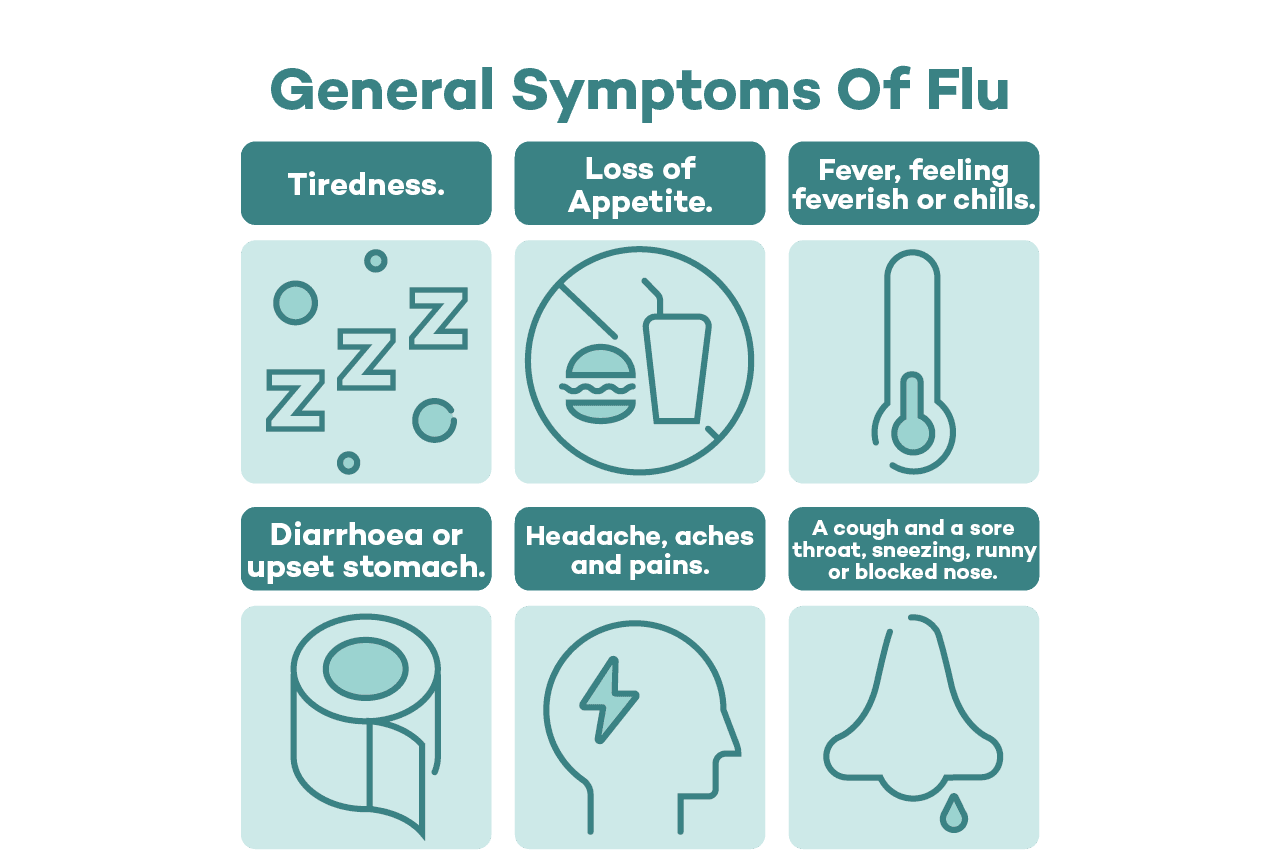 Symptoms of flu: Tiredness, fever, diarrhoea, headaches, sore throat and runny nose, no appetite